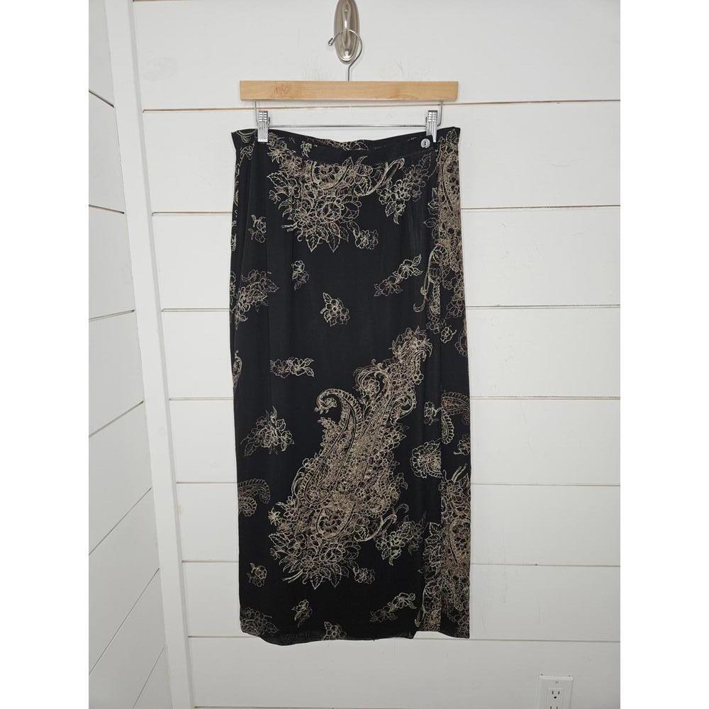 Talbots size 10 black with tan & grey stenciled design long wrap skirt